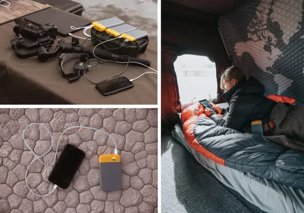 Collage of images of people using BioLite portable chargers to charge cameras, phones, and devices while camping